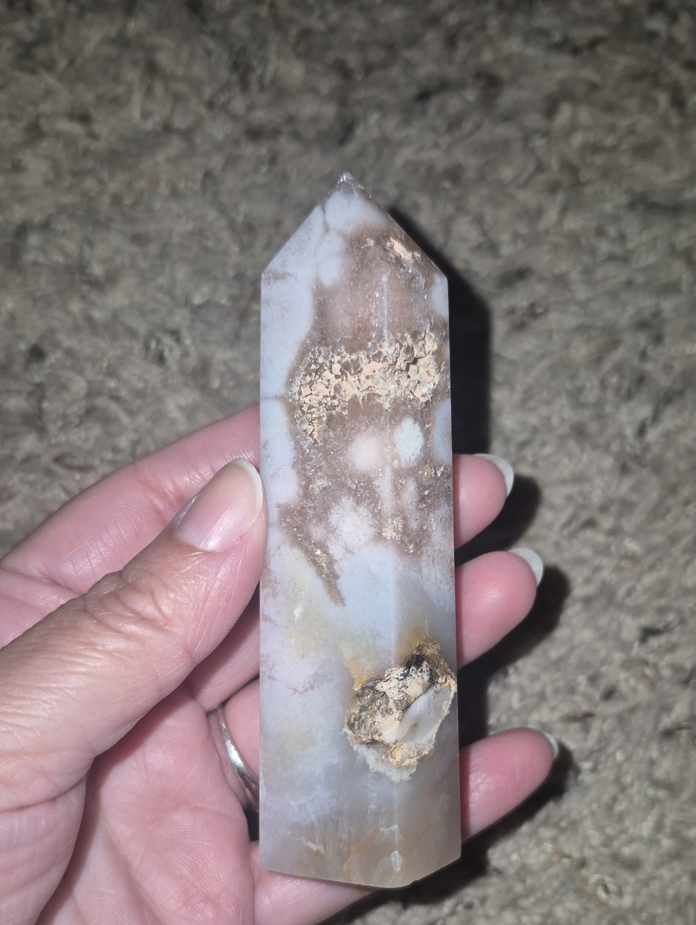 Polished Flower Agate Point Crystal Tower in White and Tan